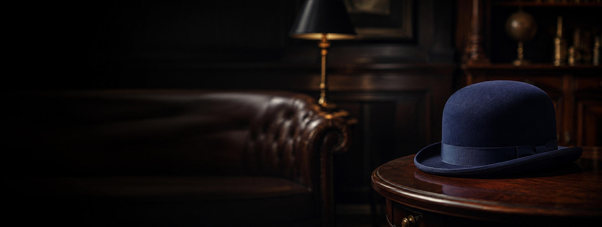 Boutique Mindset Blue bowler hat displayed in a refined office interior.