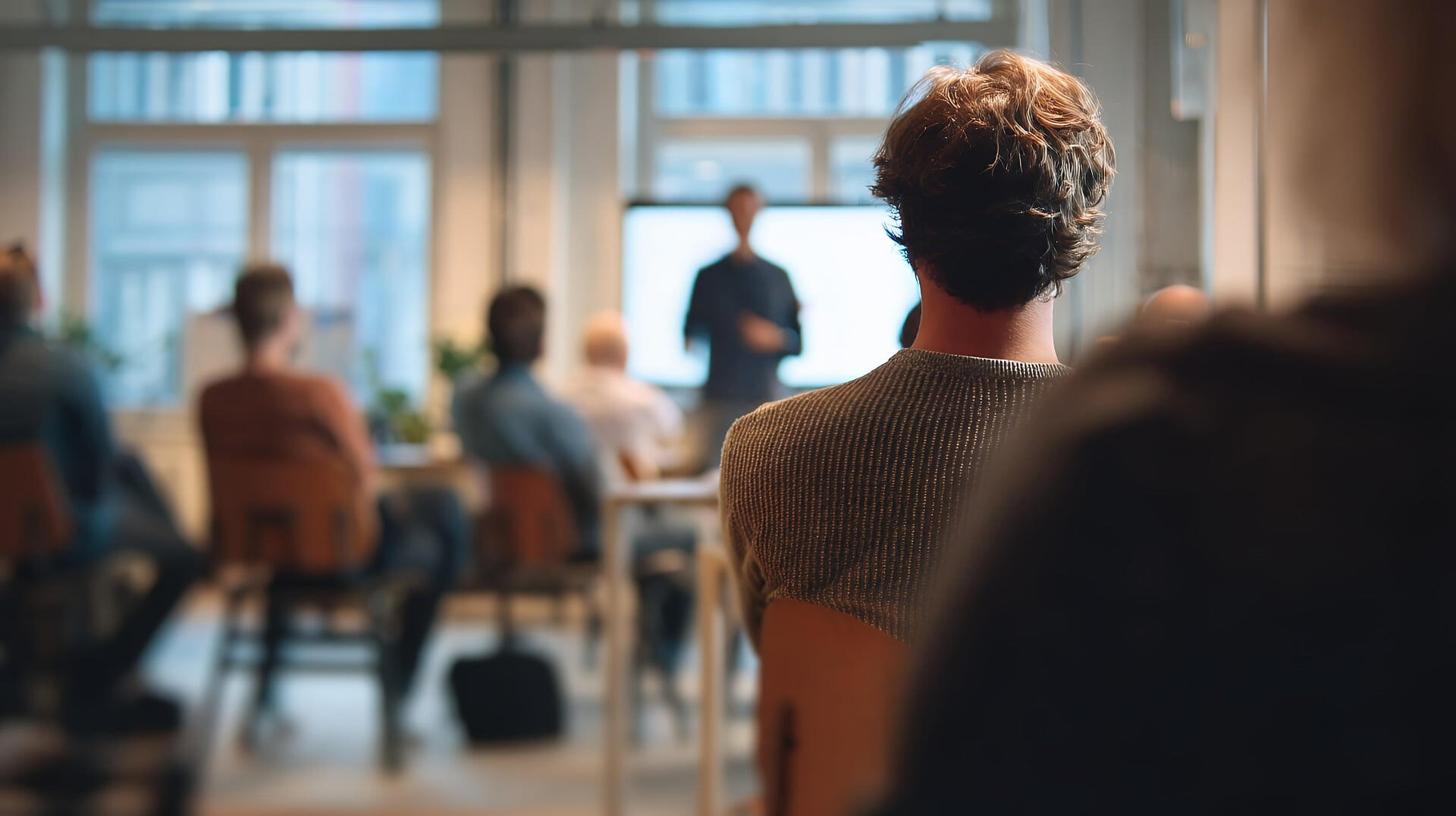 Trusted Advisors A presenter addressing a seated group in an office meeting room, viewed from behind an attendee.